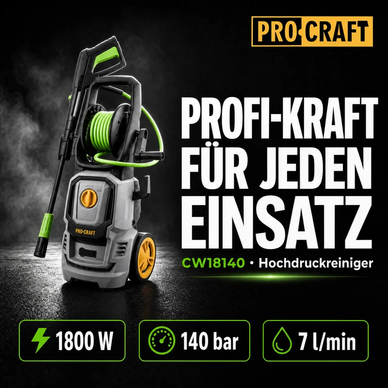 Procraft CW1.8/140 Kaltwasser Hochdruckreiniger 1800 Watt 140 bar 7 l/min + Zubehör - Max. Wassertemperatur: 40 °C