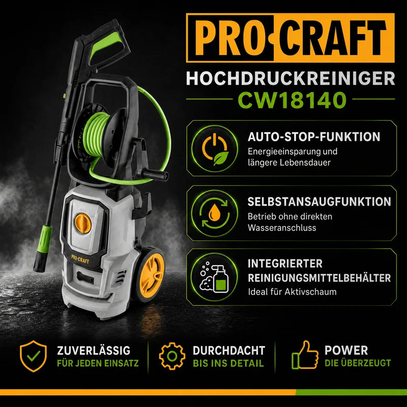 Procraft CW1.8/140 Kaltwasser Hochdruckreiniger 1800 Watt 140 bar 7 l/min + Zubehör - Max. Wassertemperatur: 40 °C