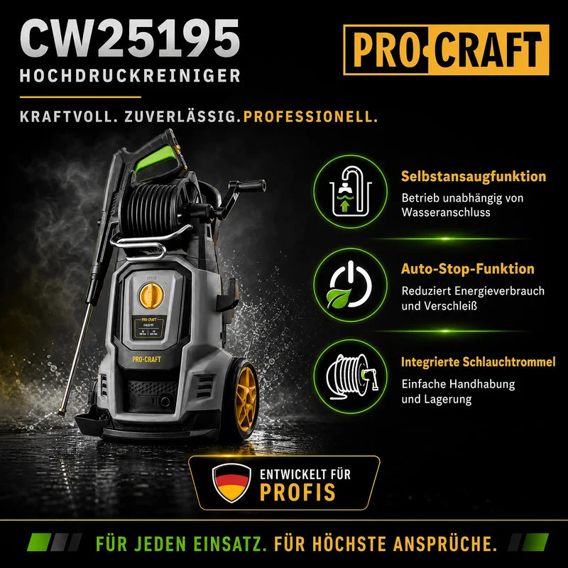 Procraft CW2.5/195 Kaltwasser Hochdruckreiniger 2500 Watt 195 bar 7,8 l/min + Zubehör - Max. Wassertemperatur 40 °C