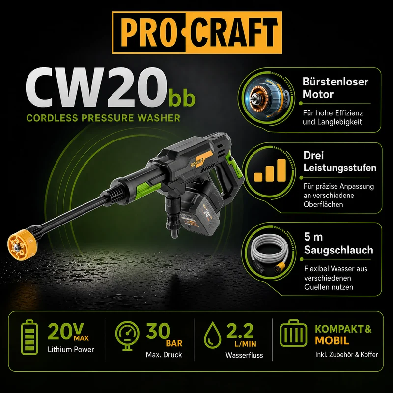 Procraft CW20bb Akku Hochdruckreiniger 20 V 30 bar 180 l/h Brushless + Koffer - ohne Akku, ohne Ladegerät