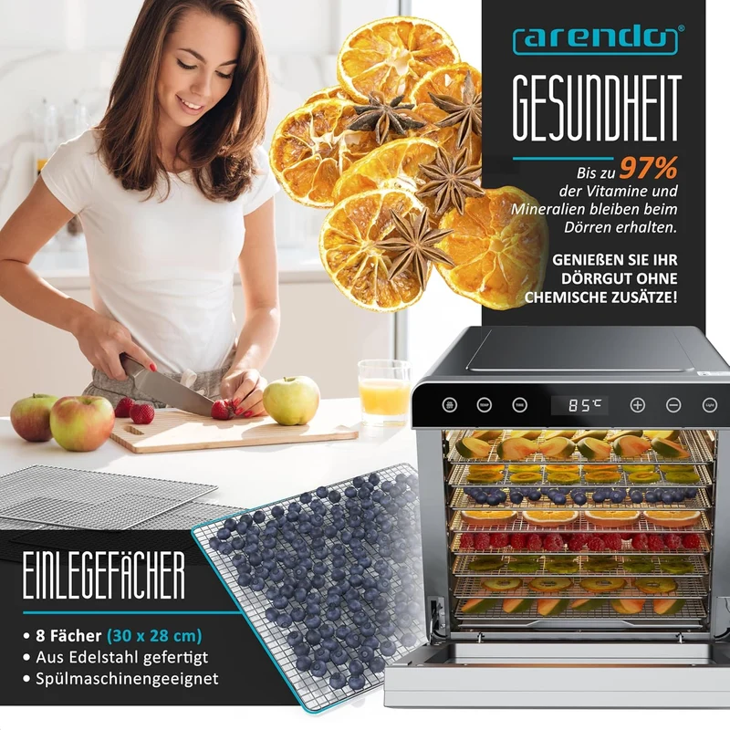 Arendo - Dörrautomat Edelstahl mit 8 Edelstahlgitter - 700 W - 35°-85°C - 8 Edelstahl Einlegetabletts mit insgesamt 6700 cm² - Dörrgerät Dehydrator Obsttrockner Dörrapparat - Obst Fleisch Pilze uvm