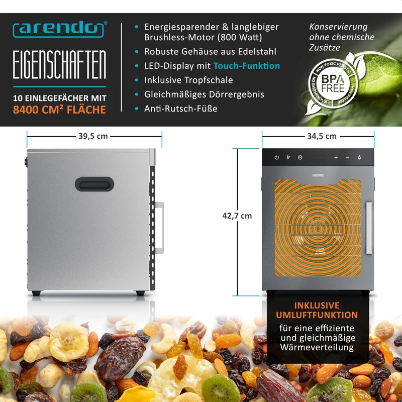 Arendo - Stainless steel dehydrator 8-fold - 500 watts with temperature control - dehydrator for food meat fruits fruit mushrooms - timer up to 24 hours - 8 compartments - GS - dehydrator
