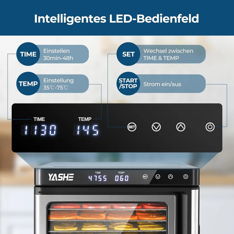 Edelstahl Dörrautomat, 1000W Dörrgerät für Obst und Gemüse mit LED-Anzeige, präziser Temperaturregelung (35-75°C), 48-Stunden-Timer, 9 Edelstahlschalen, 2 Maschensiebe, 1 Schale für Obstrollen
