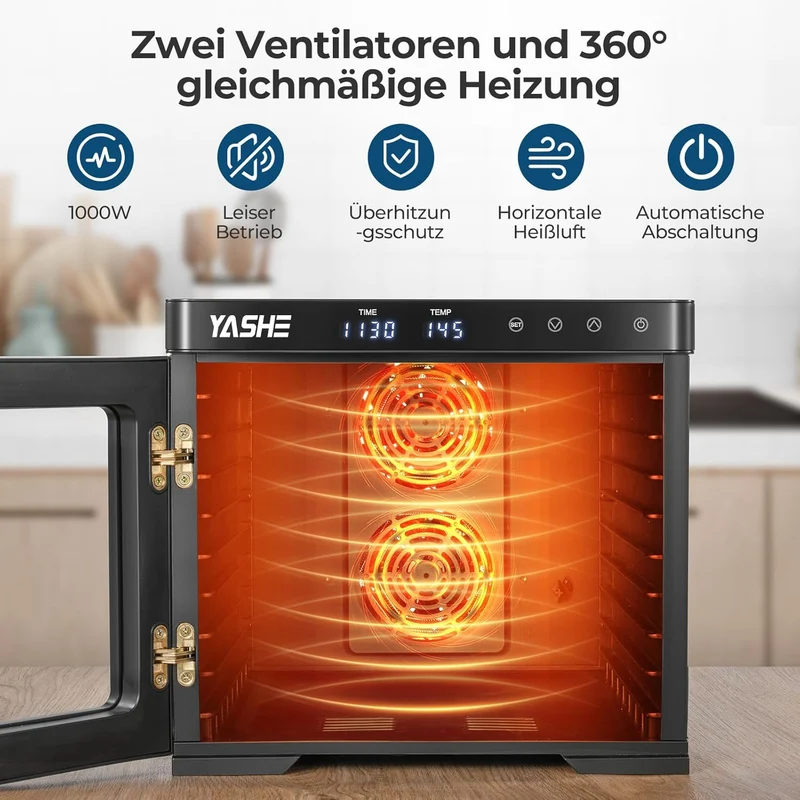 Edelstahl Dörrautomat, 1000W Dörrgerät für Obst und Gemüse mit LED-Anzeige, präziser Temperaturregelung (35-75°C), 48-Stunden-Timer, 9 Edelstahlschalen, 2 Maschensiebe, 1 Schale für Obstrollen
