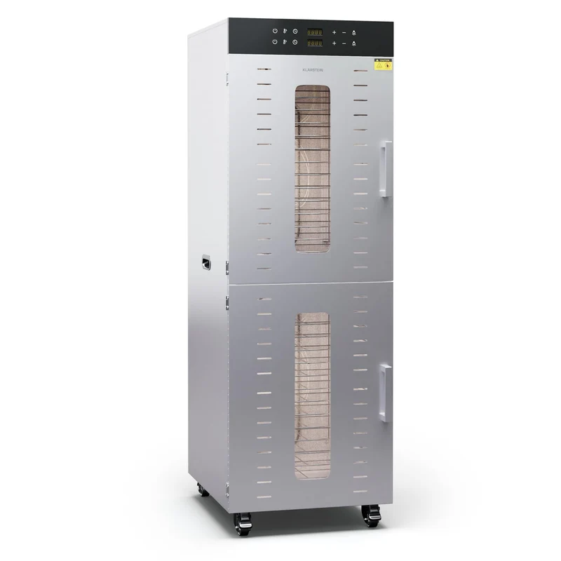 Klarstein Dörrautomat Edelstahl – 4.000-W-Dörrgerät, 48 Edelstahl-Einlegeböden, 30–90 °C, 24-Stunden-Timer, 6 Ventilatoren, 2 Trockenkammern, 50–55 dB, ideal für Obst, Gemüse, Fleisch, Kräuter, Silber