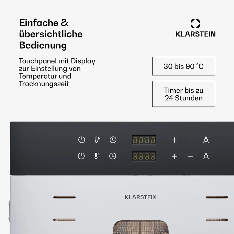 Klarstein Dörrautomat Edelstahl – 4.000-W-Dörrgerät, 48 Edelstahl-Einlegeböden, 30–90 °C, 24-Stunden-Timer, 6 Ventilatoren, 2 Trockenkammern, 50–55 dB, ideal für Obst, Gemüse, Fleisch, Kräuter, Silber