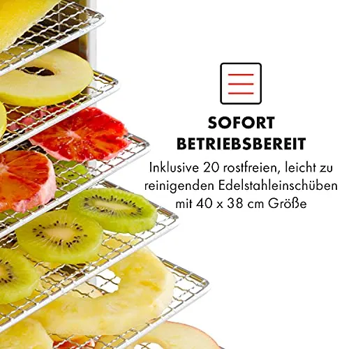 Klarstein Dörrautomat Edelstahl – 4.000-W-Dörrgerät, 48 Edelstahl-Einlegeböden, 30–90 °C, 24-Stunden-Timer, 6 Ventilatoren, 2 Trockenkammern, 50–55 dB, ideal für Obst, Gemüse, Fleisch, Kräuter, Silber