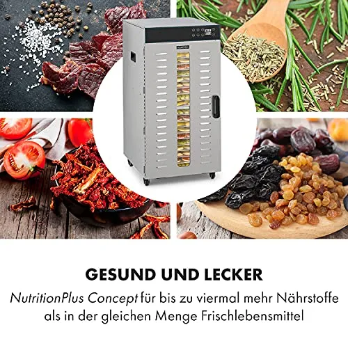 Klarstein Dörrautomat Edelstahl – 4.000-W-Dörrgerät, 48 Edelstahl-Einlegeböden, 30–90 °C, 24-Stunden-Timer, 6 Ventilatoren, 2 Trockenkammern, 50–55 dB, ideal für Obst, Gemüse, Fleisch, Kräuter, Silber