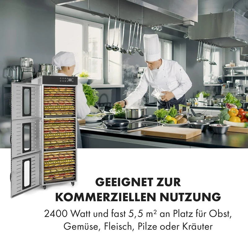 Klarstein Dörrautomat Edelstahl – 4.000-W-Dörrgerät, 48 Edelstahl-Einlegeböden, 30–90 °C, 24-Stunden-Timer, 6 Ventilatoren, 2 Trockenkammern, 50–55 dB, ideal für Obst, Gemüse, Fleisch, Kräuter, Silber