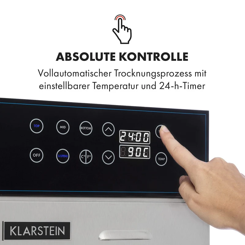 Klarstein Dörrautomat Edelstahl – 4.000-W-Dörrgerät, 48 Edelstahl-Einlegeböden, 30–90 °C, 24-Stunden-Timer, 6 Ventilatoren, 2 Trockenkammern, 50–55 dB, ideal für Obst, Gemüse, Fleisch, Kräuter, Silber