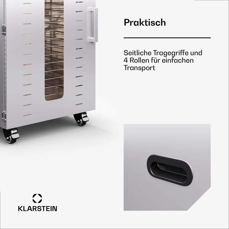 Klarstein Dörrautomat Edelstahl – 4.000-W-Dörrgerät, 48 Edelstahl-Einlegeböden, 30–90 °C, 24-Stunden-Timer, 6 Ventilatoren, 2 Trockenkammern, 50–55 dB, ideal für Obst, Gemüse, Fleisch, Kräuter, Silber