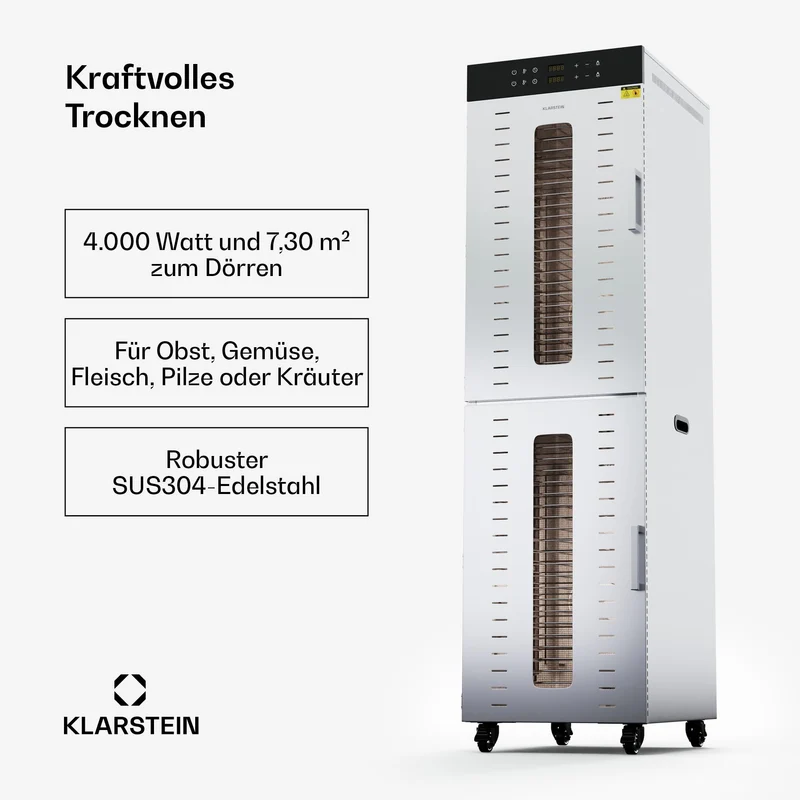 Klarstein Dörrautomat Edelstahl – 4.000-W-Dörrgerät, 48 Edelstahl-Einlegeböden, 30–90 °C, 24-Stunden-Timer, 6 Ventilatoren, 2 Trockenkammern, 50–55 dB, ideal für Obst, Gemüse, Fleisch, Kräuter, Silber