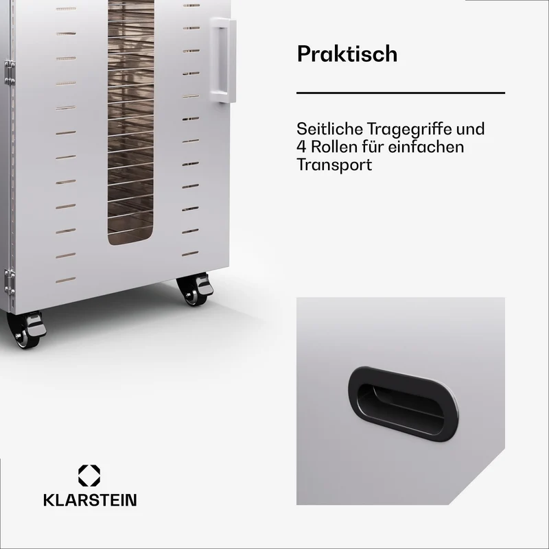 Klarstein Dörrautomat Edelstahl – 4.000-W-Dörrgerät, 48 Edelstahl-Einlegeböden, 30–90 °C, 24-Stunden-Timer, 6 Ventilatoren, 2 Trockenkammern, 50–55 dB, ideal für Obst, Gemüse, Fleisch, Kräuter, Silber