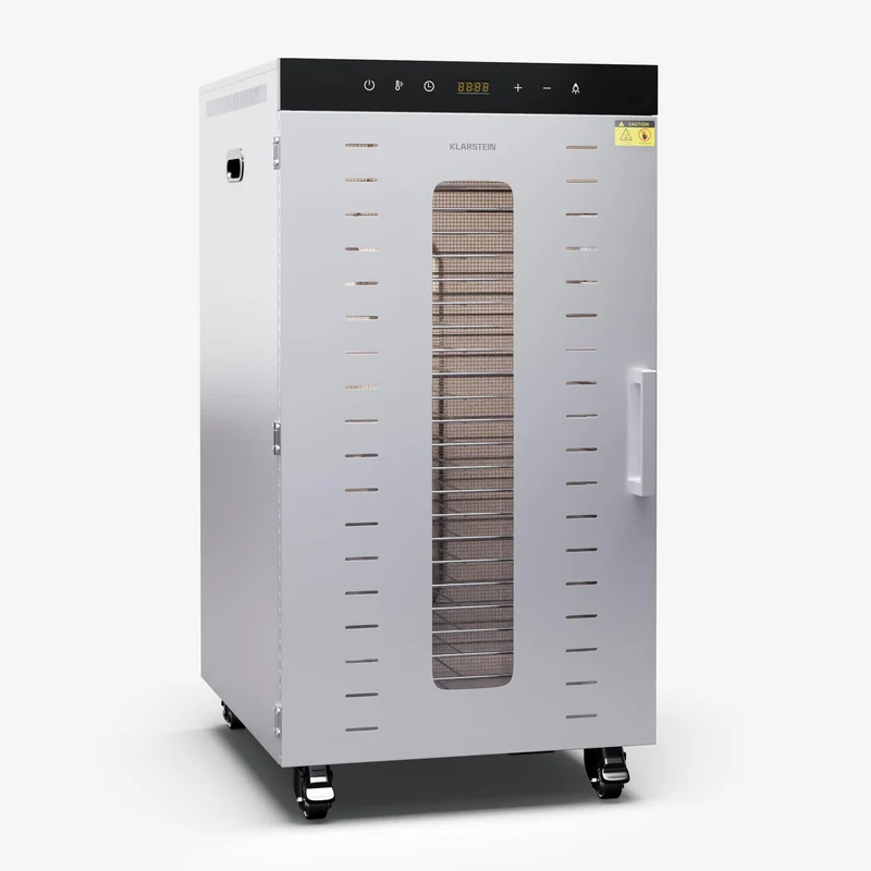 Klarstein Dörrautomat Edelstahl – 4.000-W-Dörrgerät, 48 Edelstahl-Einlegeböden, 30–90 °C, 24-Stunden-Timer, 6 Ventilatoren, 2 Trockenkammern, 50–55 dB, ideal für Obst, Gemüse, Fleisch, Kräuter, Silber