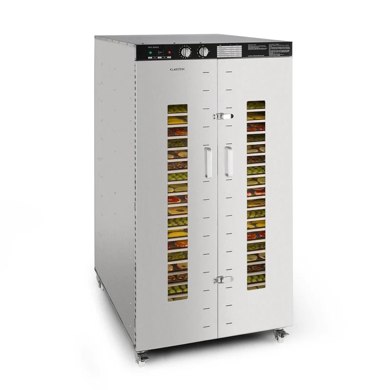 Klarstein Dörrautomat Edelstahl – 4.000-W-Dörrgerät, 48 Edelstahl-Einlegeböden, 30–90 °C, 24-Stunden-Timer, 6 Ventilatoren, 2 Trockenkammern, 50–55 dB, ideal für Obst, Gemüse, Fleisch, Kräuter, Silber