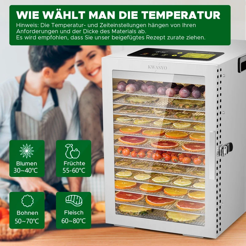 Kwasyo Dehydrator Stainless Steel, Double Fan 360° Efficient Dry, Dehydrator 12 Levels, 20-90°C Temperature Control, 24 Hour Timer, Overheating Protection, Recipe Book for Meat, Fruit, Vegetables,