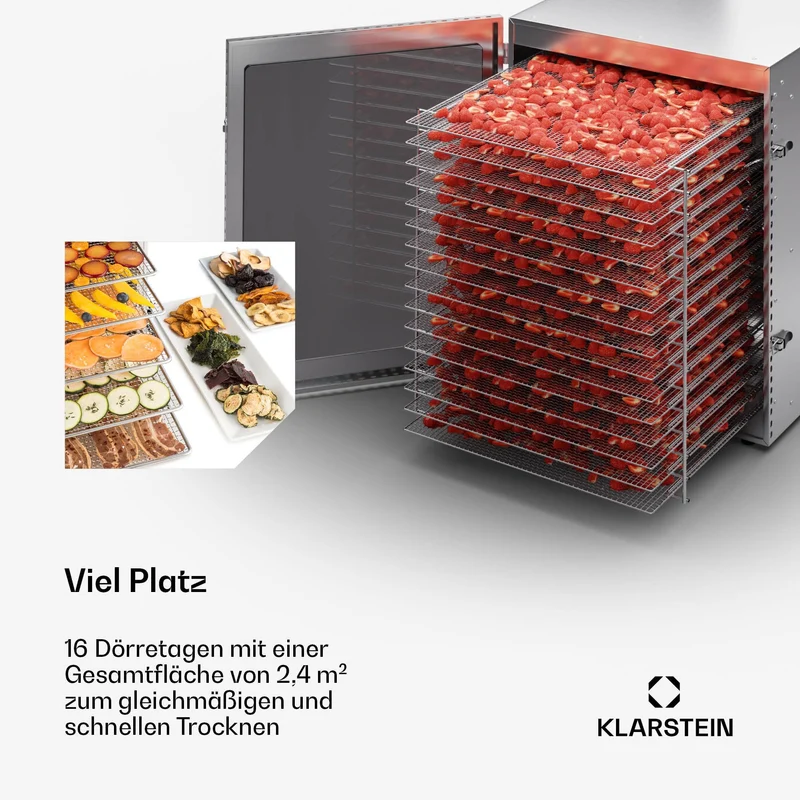 Klarstein Dörrgerät, Dörrautomat für Gemüse, Obst, Pilze & Fleisch, 1500W Edelstahl-Dörrautomat, Trockenautomat mit 16 Metallgitter, Dörrgerät mit 24H Timer & Touch-Display, Food Dehydrator