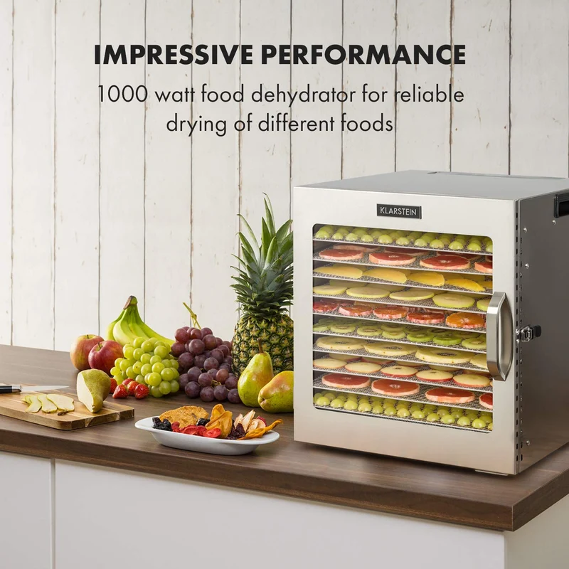 Klarstein Dörrgerät, Dörrautomat für Gemüse, Obst, Pilze & Fleisch, 1500W Edelstahl-Dörrautomat, Trockenautomat mit 16 Metallgitter, Dörrgerät mit 24H Timer & Touch-Display, Food Dehydrator