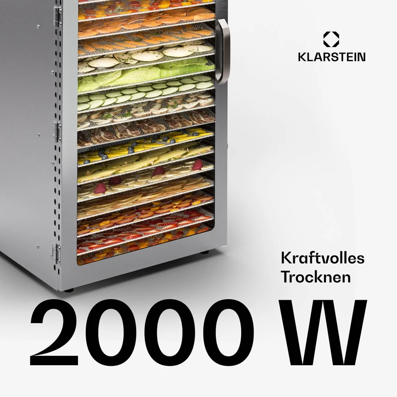 Klarstein Dörrgerät, Dörrautomat für Gemüse, Obst, Pilze & Fleisch, 1500W Edelstahl-Dörrautomat, Trockenautomat mit 16 Metallgitter, Dörrgerät mit 24H Timer & Touch-Display, Food Dehydrator