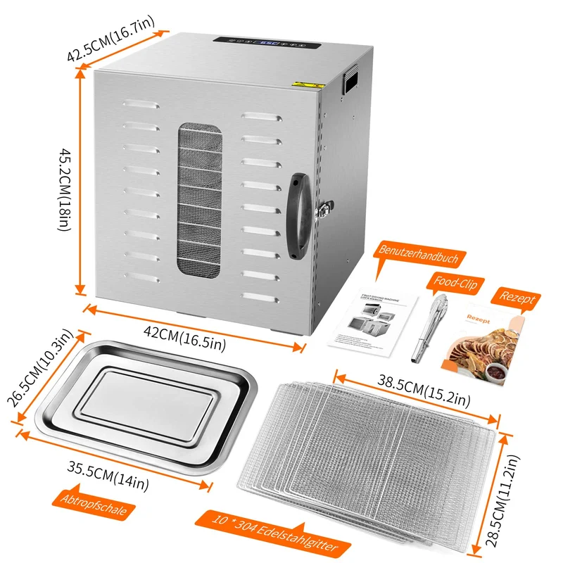 Kwasyo Dörrautomat Edelstahl DA 1000, XXL-Dörrfläche 1,8 m², Dörrgerät Temperatur einstellbar 30-90℃, LED-Display, 24 Std, BPA-frei, mit Rezeptheft, 10 Edelstahl-Dörrtabletts