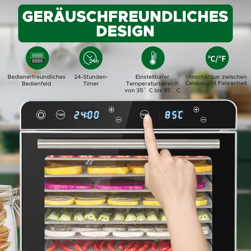 Kwasyo Dörrautomat Edelstahl Trockenkapazität 3,8 kg Rindfleisch, 0,67 m² Trockenfläche, 8 Edelstahl-Dörrtabletts (28x30 cm), 35-85°C Dörrgerät für Hundeleckerlis, Kräuter, Fleisch, Obst, Joghurt