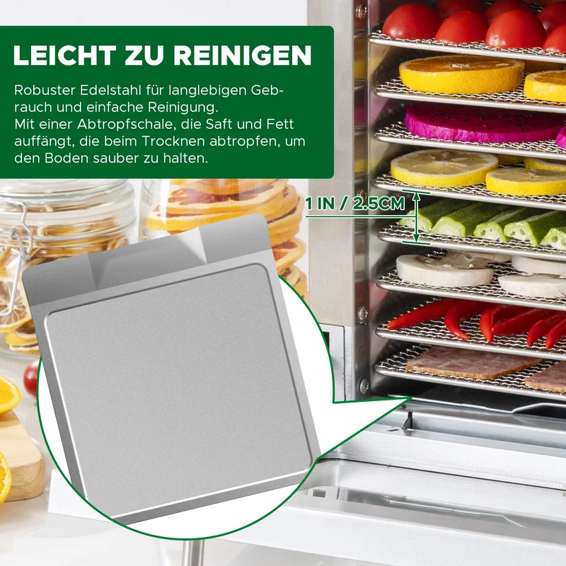 Kwasyo Dörrautomat Edelstahl Trockenkapazität 3,8 kg Rindfleisch, 0,67 m² Trockenfläche, 8 Edelstahl-Dörrtabletts (28x30 cm), 35-85°C Dörrgerät für Hundeleckerlis, Kräuter, Fleisch, Obst, Joghurt