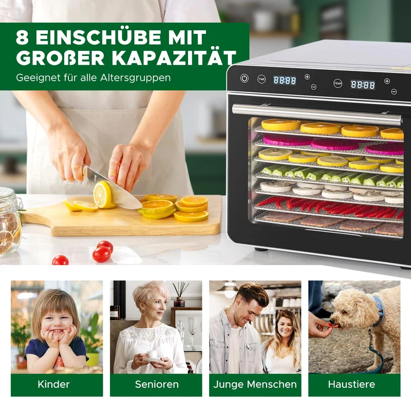 Kwasyo Dörrautomat Edelstahl Trockenkapazität 3,8 kg Rindfleisch, 0,67 m² Trockenfläche, 8 Edelstahl-Dörrtabletts (28x30 cm), 35-85°C Dörrgerät für Hundeleckerlis, Kräuter, Fleisch, Obst, Joghurt
