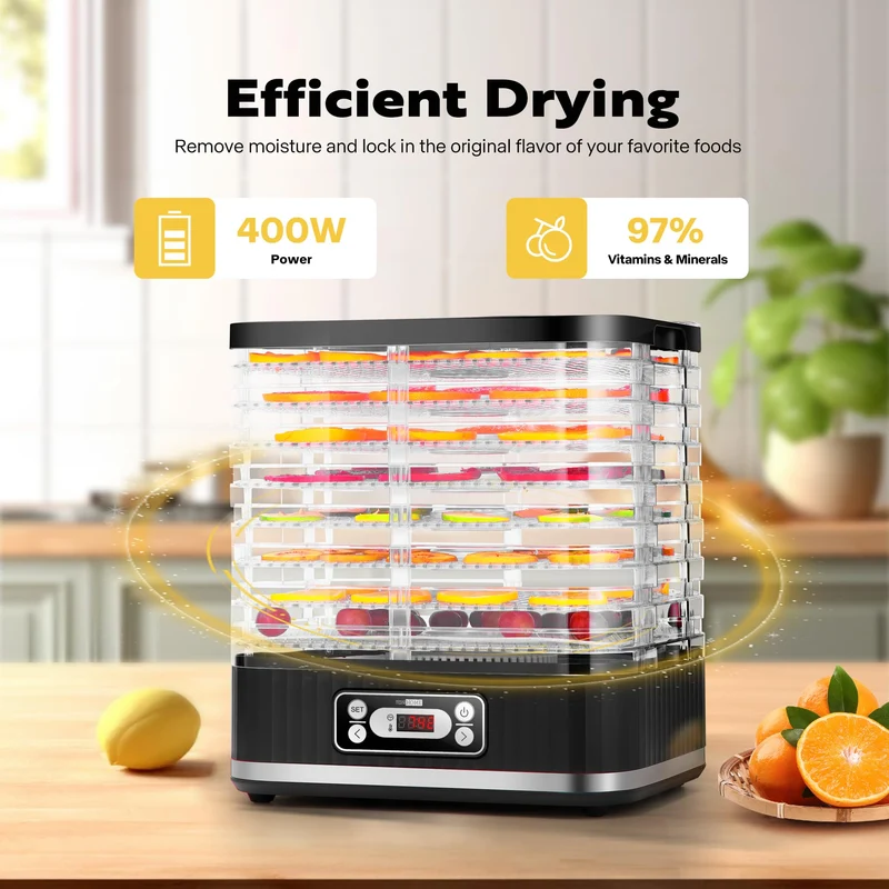 VIVOHOME Dörrautomat mit 8 Einlegefächern 400W BPA frei Dörrgerät mit Temperaturregler von 35°C bis 70°C inkl.72H Timer und Rezept für Fleisch,Obst,Haustier-Leckereiene