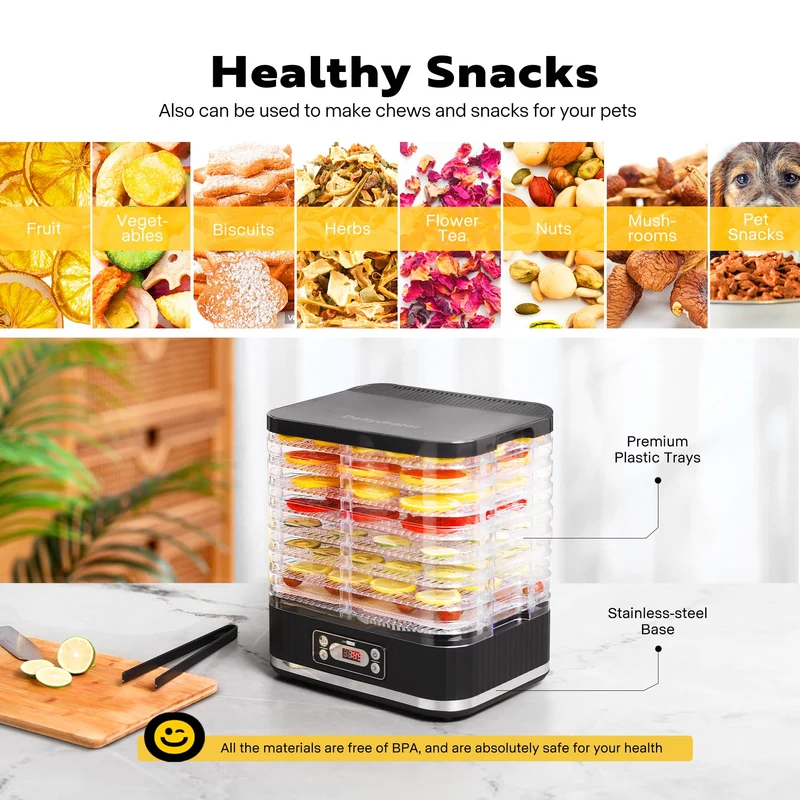 VIVOHOME Dörrautomat mit 8 Einlegefächern 400W BPA frei Dörrgerät mit Temperaturregler von 35°C bis 70°C inkl.72H Timer und Rezept für Fleisch,Obst,Haustier-Leckereiene