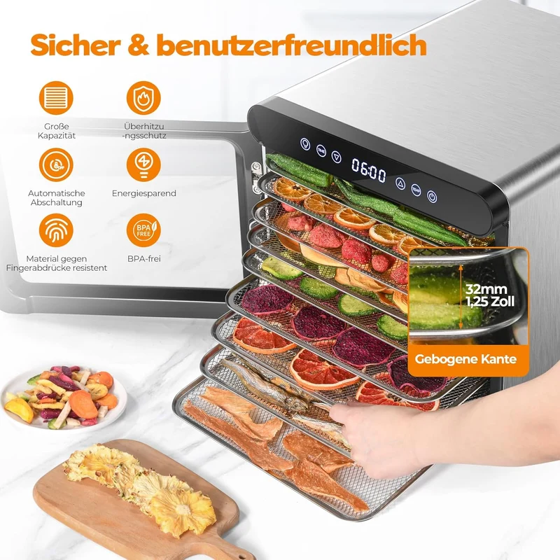 YASHE Stainless Steel Dehydrator with Digital Control (Temperature up to 75°C, Timer up to 48 Hours), 9 Trays Dehydrator for Fruit and Vegetables, Rear Fan for 360° Air Circulation, 800 W