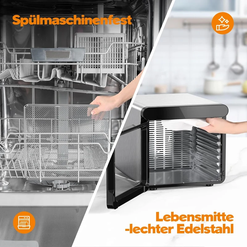 YASHE Stainless Steel Dehydrator with Digital Control (Temperature up to 75°C, Timer up to 48 Hours), 9 Trays Dehydrator for Fruit and Vegetables, Rear Fan for 360° Air Circulation, 800 W