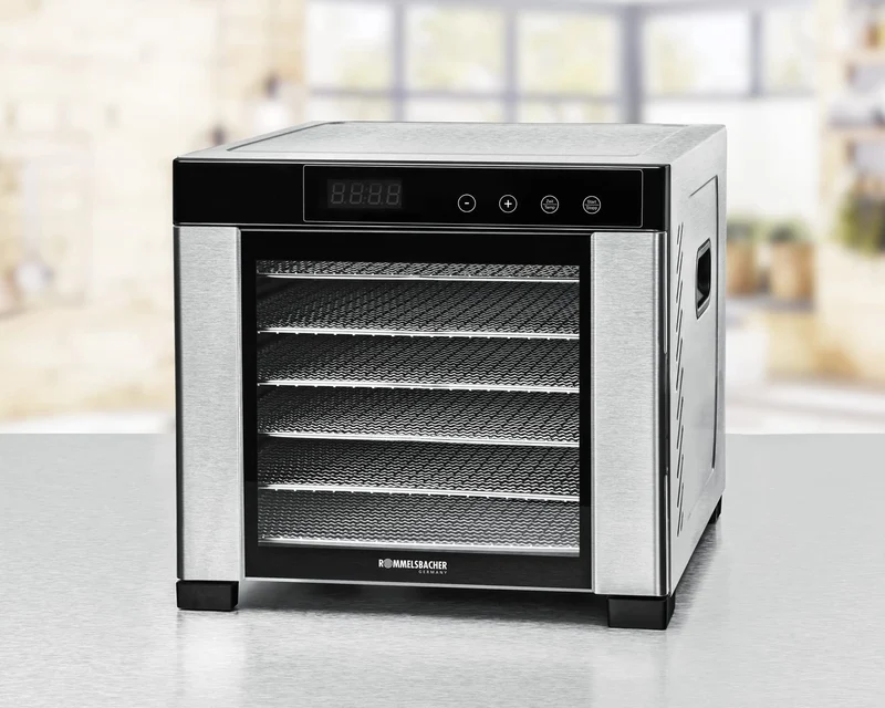 ROMMELSBACHER Dörrautomat DA 1000, XXL-Dörrfläche 1,6 m², inkl. 10 Edelstahl-Dörrtabletts, 2 Dörrgitter, 2 Dörrmatten, LED-Display, 24 Std. Zeitschaltuhr, Temperatur einstellbar (35 °C – 75 °C)