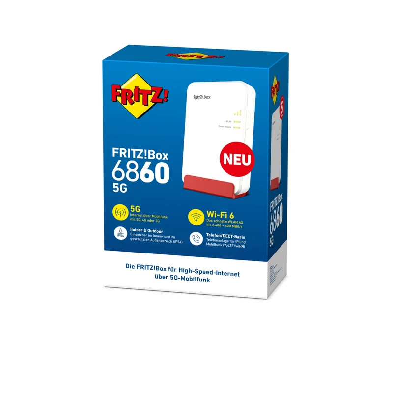 FRITZ!Box 6860 5G – Mobilfunk-Router mit Wi-Fi 6, PoE+, DECT & IP65-Gehäuse