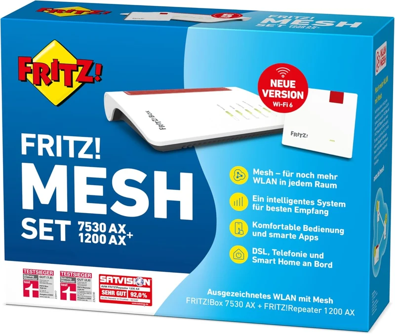 FRITZ!Mesh Set – 7530 AX Wi-Fi 6 Router + 1200 AX Repeater, bis 2.400 MBit/s