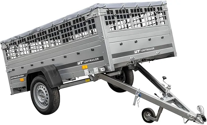 UNITRAILER Large Trailer 230 x 125 cm with Flat Tarpaulin, Mesh and Jockey Wheel - Garden Trailer 230 Kipp