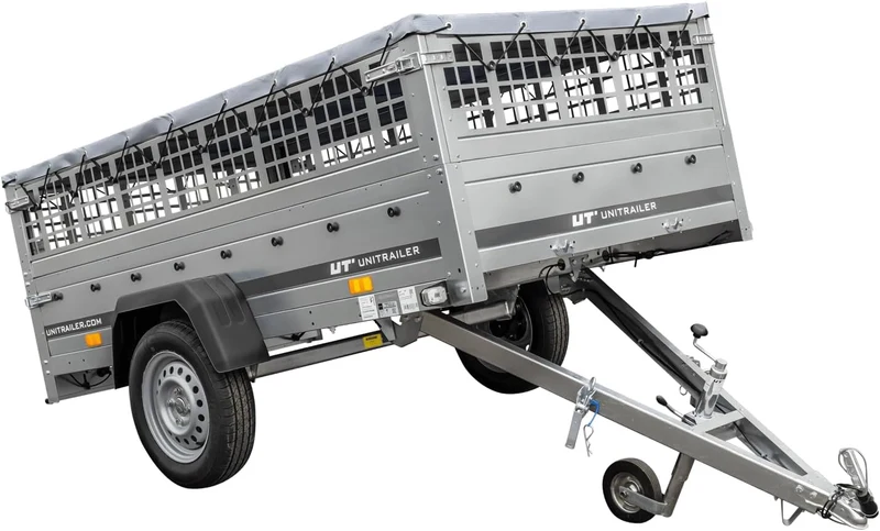 UNITRAILER Large Trailer 230 x 125 cm with Flat Tarpaulin, Mesh and Jockey Wheel - Garden Trailer 230 Kipp