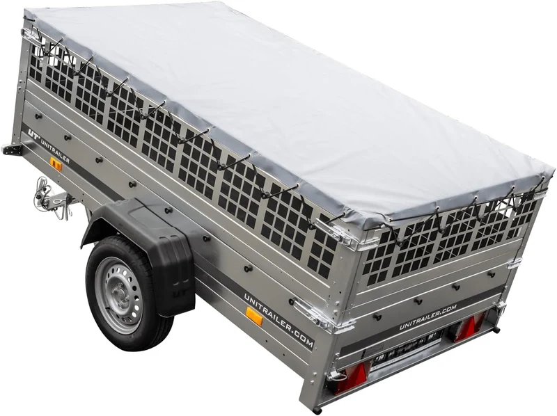 UNITRAILER Large Trailer 230 x 125 cm with Flat Tarpaulin, Mesh and Jockey Wheel - Garden Trailer 230 Kipp