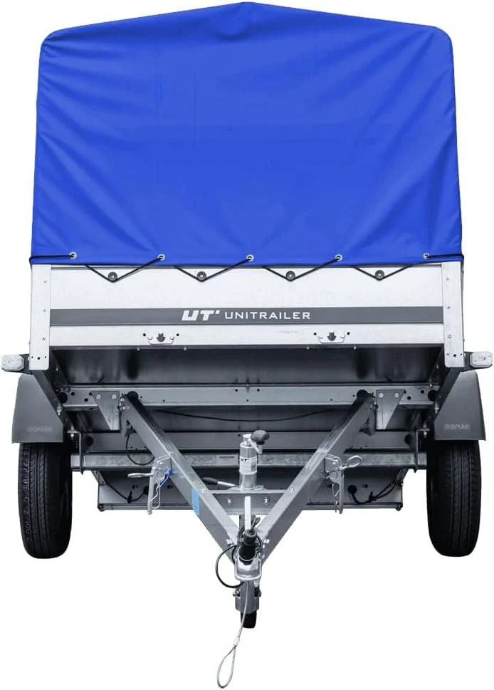 UNITRAILER Car Trailer 230 x 125 cm Garden Trailer 230 Tilting 750 kg with Jockey Wheel, Blue Tarpaulin and High Arrow
