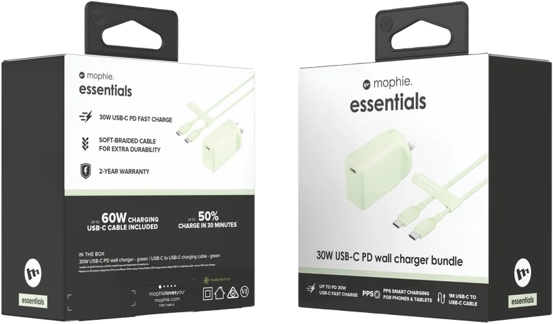 Mophie Essential 30W USB-C Wall Charger & C-C Cable Green