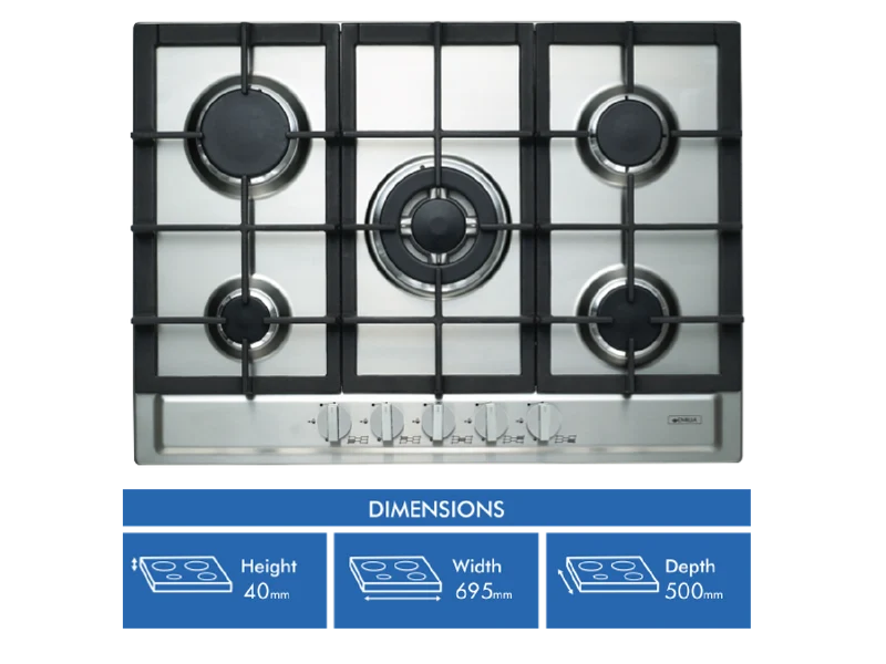 Emilia 70cm 5 Burner Gas Cooktop Stainless Steel