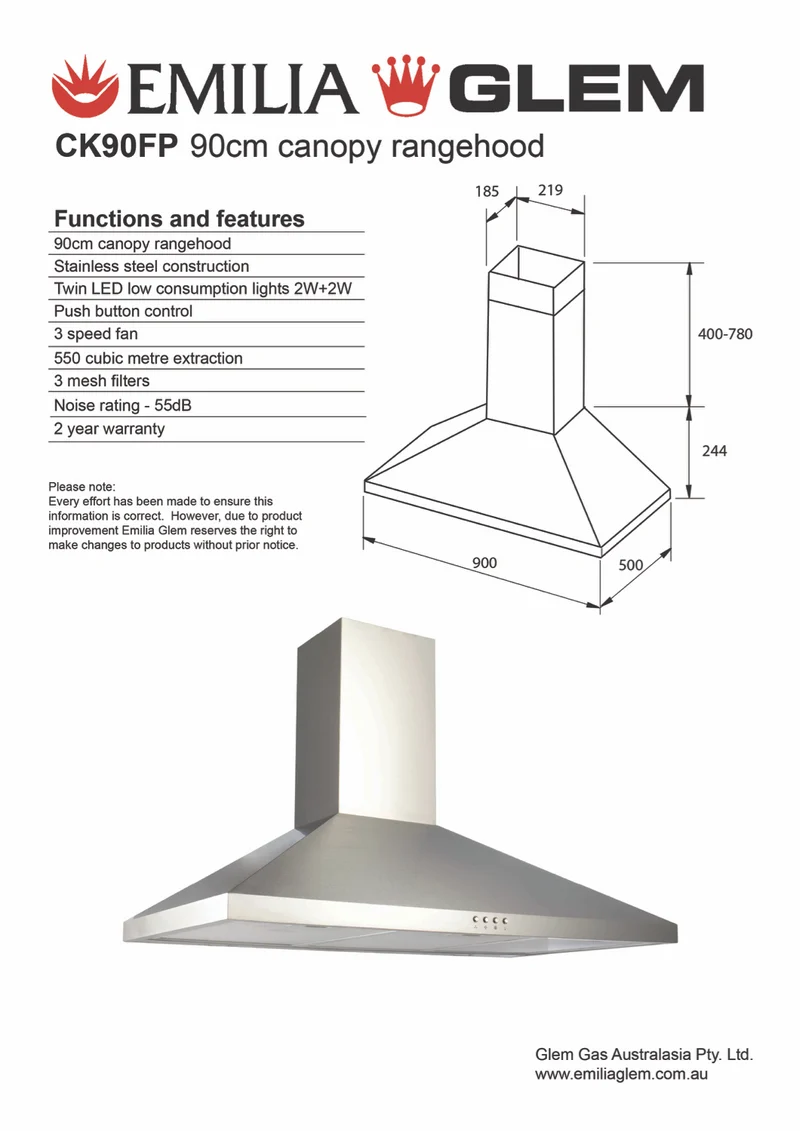 Emilia 90cm Canopy Rangehood, Stainless Steel