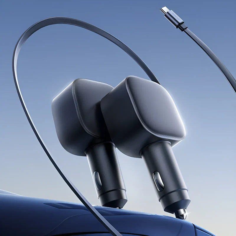 2-in-1 Einziehbares Autoladegerät – 105W, USB-A & USB-C 20W, 70 cm Kabel, kompakt