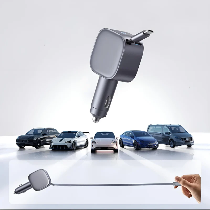 2-in-1 Einziehbares Autoladegerät – 105W, USB-A & USB-C 20W, 70 cm Kabel, kompakt