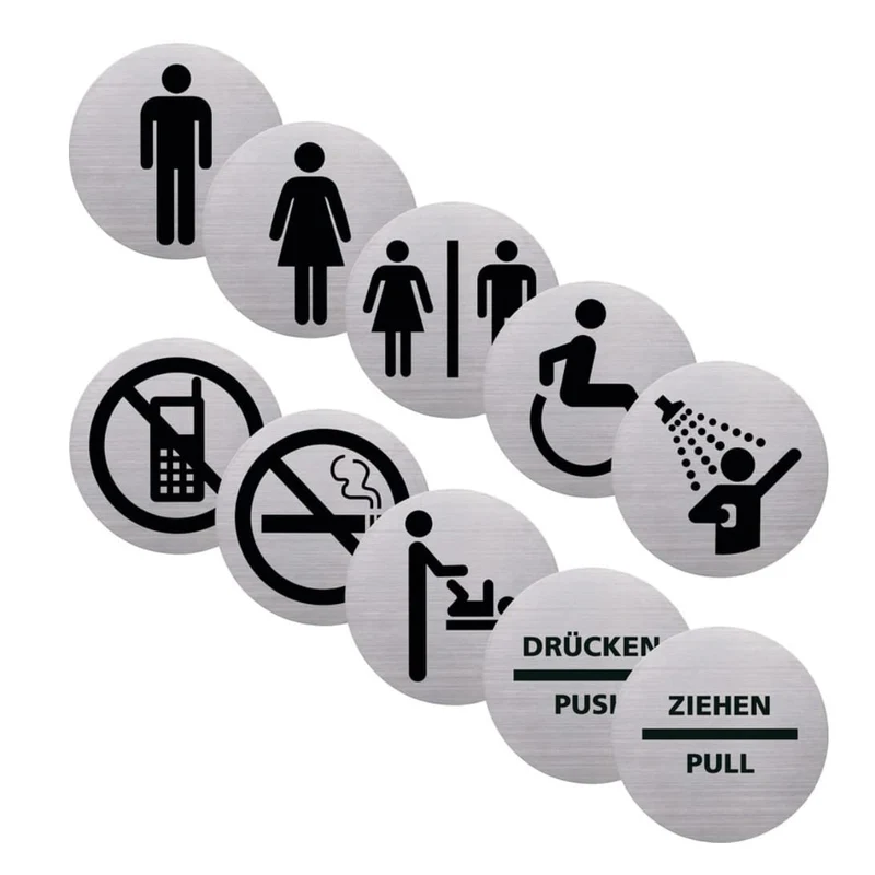 Wand-/Tür-Piktogramme Set – Ø 10 cm, selbstklebend & schraubbar, für Büro, Hotel & Gastronomie
