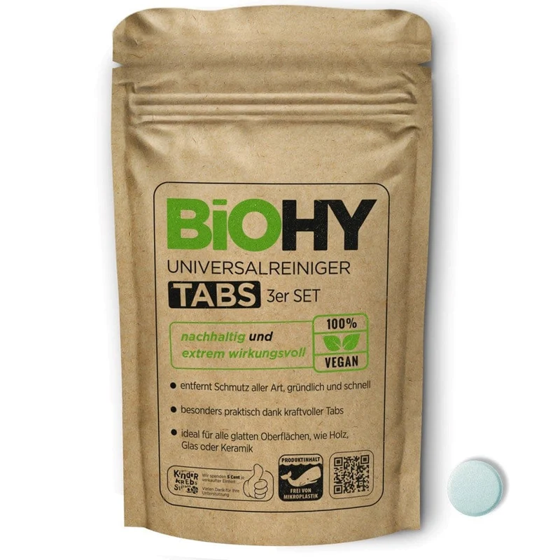 BiOHY Universalreiniger Tabs – 3 Stk., mikroplastikfrei, vorportioniert, für alle glatten Oberflächen