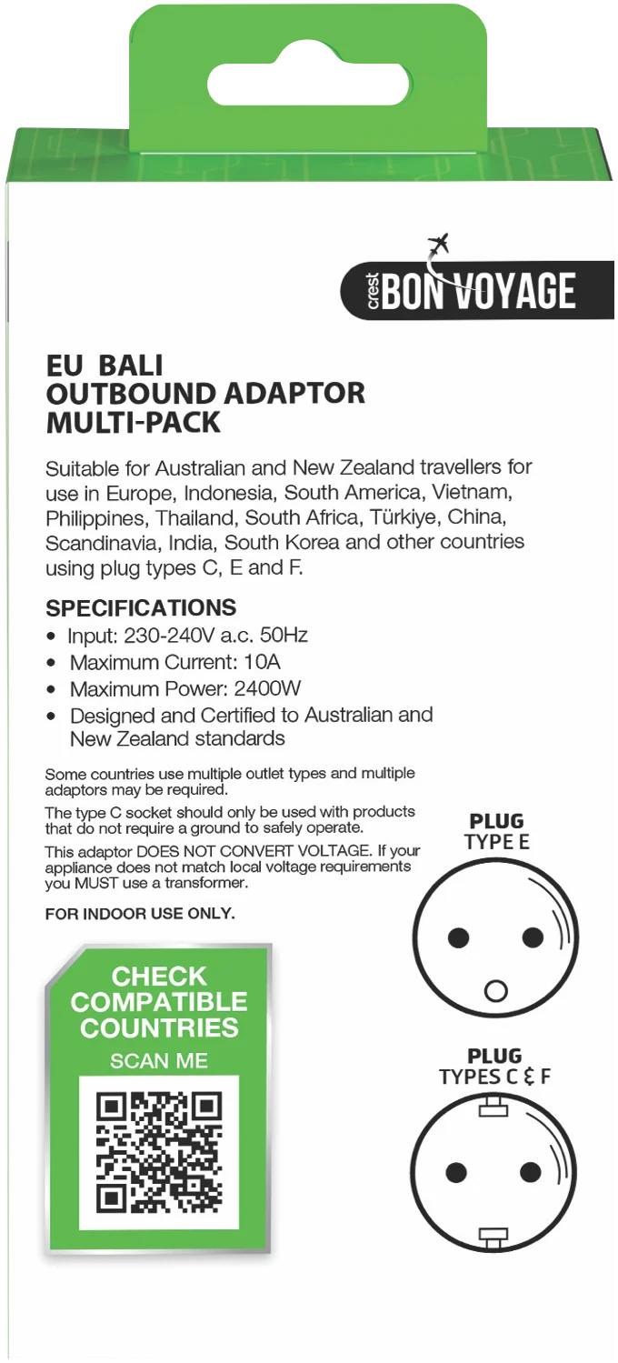 Bon Voyage Travel Adaptor Australia to Europe (2 Pack)