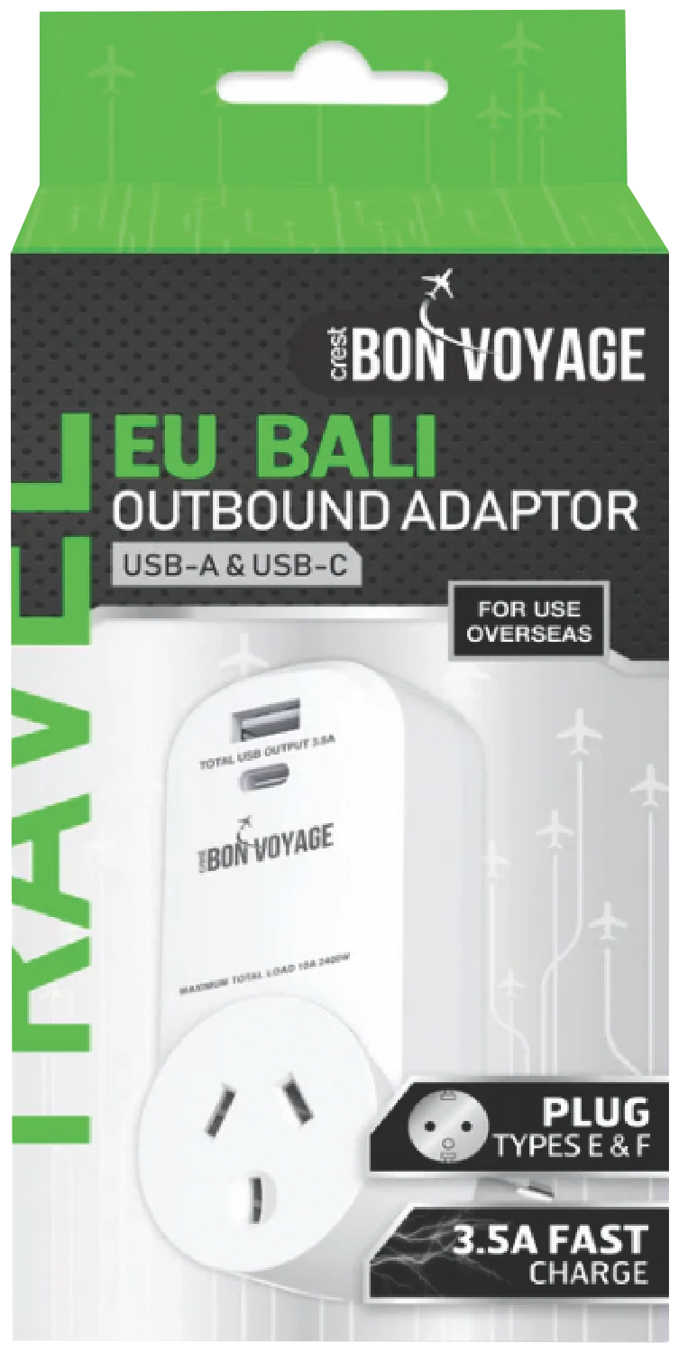 Bon Voyage Travel Adaptor AU to EU (2 USB Ports)