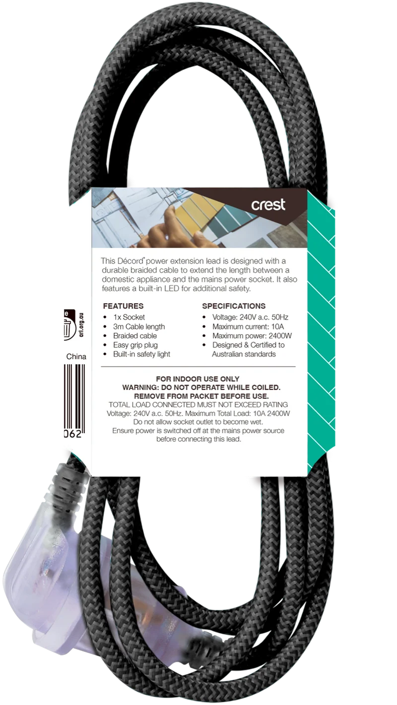 Crest Decord Braided Extension Lead 3m (Black)