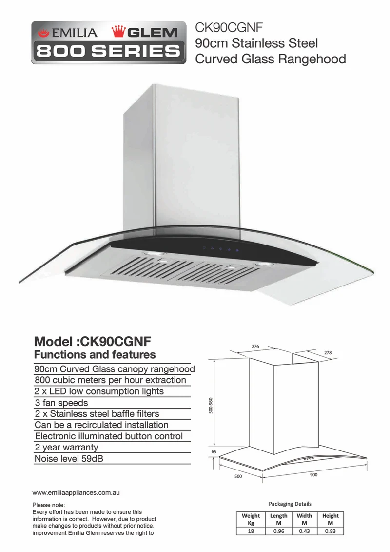 Emilia 90cm Curved Glass Canopy Rangehood, Stainless Steel