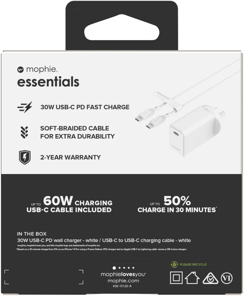 Mophie Essential 30W USB-C Wall Charger & C-C Cable Bundle White